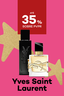 Marca Yves Saint Laurent com destaque promocional de at&eacute; 35% sobre pre&ccedil;o de Venda ao P&uacute;blico Recomendado